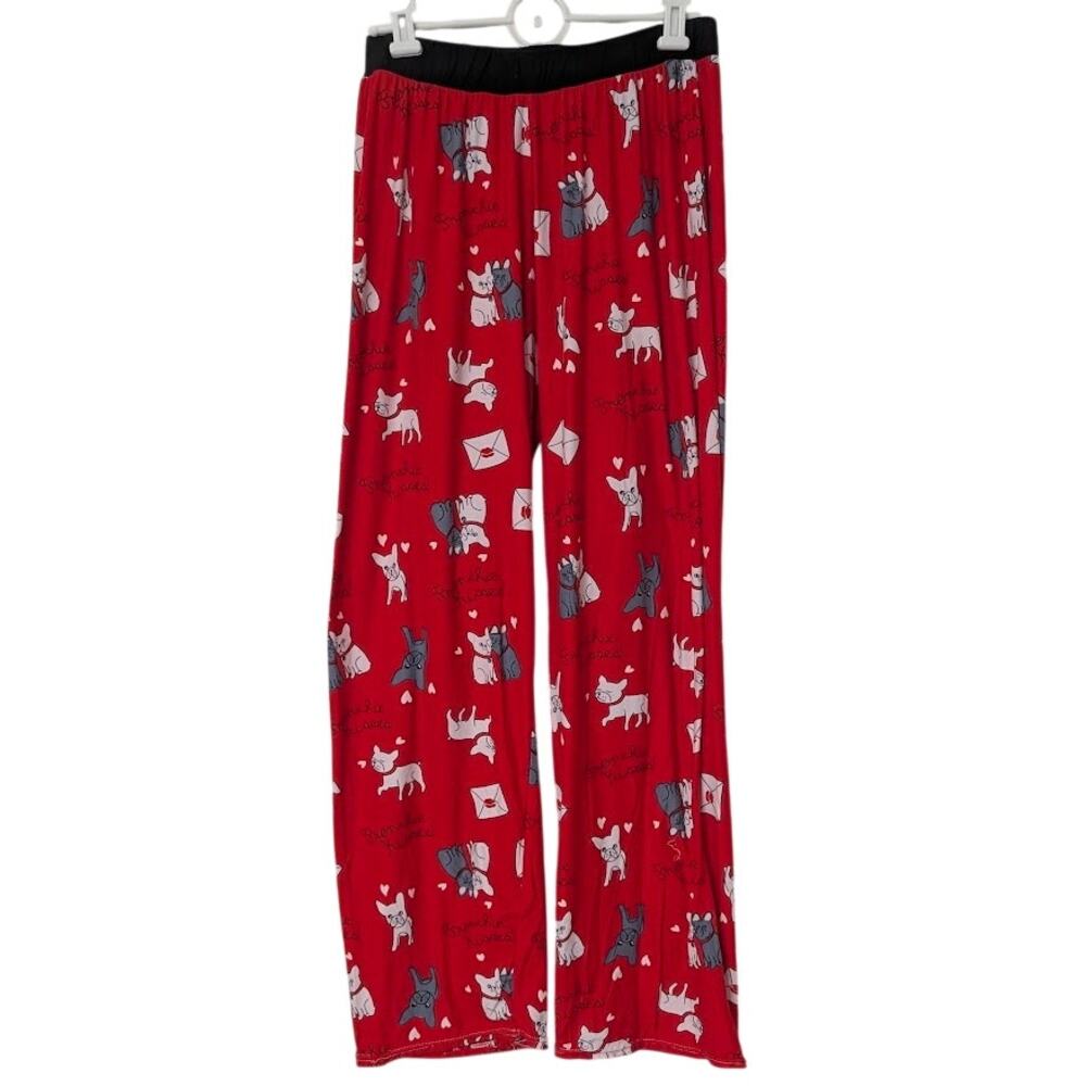 Victoria Womens Large Frenchie Kisses Red Pajama Pants French Bulldogs